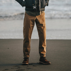 Our fit model wearing The Slim Chino in Organic British Khaki.