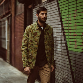 Our fit model wearing The Ojai Jacket in Arid Camo Dry Wax.