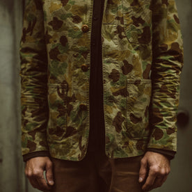 Our fit model wearing The Ojai Jacket in Arid Camo Dry Wax.