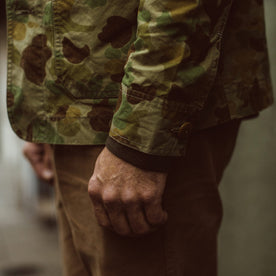 Our fit model wearing The Ojai Jacket in Arid Camo Dry Wax.