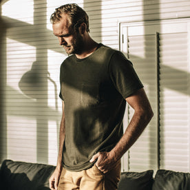 Our fit model wearing The Heavy Bag Tee in Cypress.