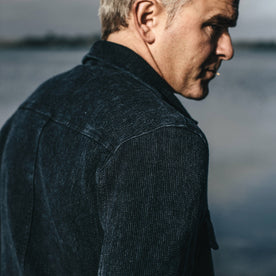 Our fit model wearing The Long Haul Jacket in Indigo Waffle.