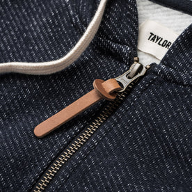 Our fit model wearing The Après Hoodie in Navy from Taylor Stitch.