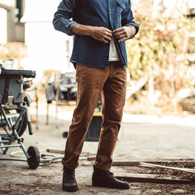 The fit model showing the fit of the chore pants