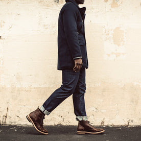 Our fit model wearing the Mendocino Peacoat.