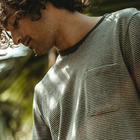 Our fit model wearing The Heavy Bag Tee in Grey Stripe.