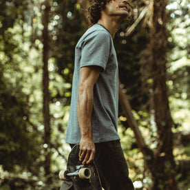 Our fit model wearing The Heavy Bag Tee in Grey Stripe.