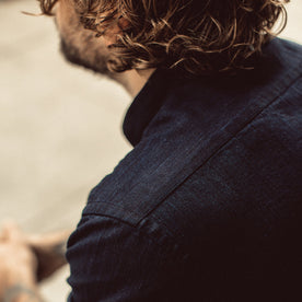 Our fit model wearing The Jack in Washed Indigo Twill.