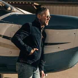 our fit model wearing The Piston Jacket in Indigo Corduroy