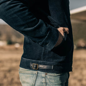 our fit model wearing The Piston Jacket in Indigo Corduroy