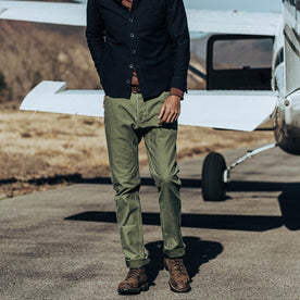 our fit model wearing The Camp Pant in Olive Reverse Sateen