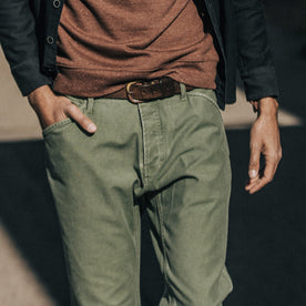 our fit model wearing The Camp Pant in Olive Reverse Sateen