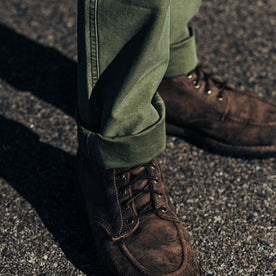 our fit model wearing The Camp Pant in Olive Reverse Sateen