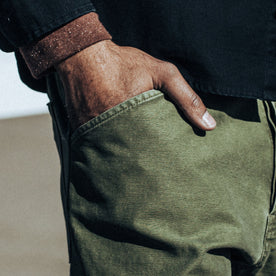 our fit model wearing The Camp Pant in Olive Reverse Sateen