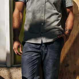 our fit model wearing The Short Sleeve California in Slate Cord