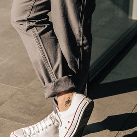 our fit model wearing The Camp Pant in Charcoal Reverse Sateen