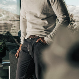 our fit model wearing The Camp Pant in Charcoal Reverse Sateen