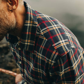 Fit model showing left shoulder of The California in Astoria Plaid