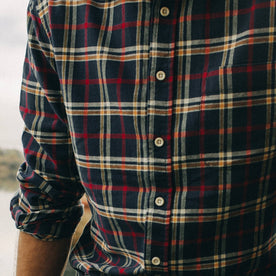 fit model showing front placket and buttons of The California in Astoria Plaid