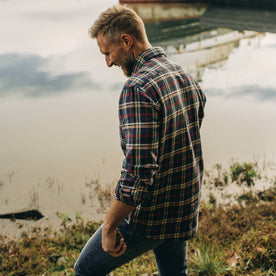 fit model showing back yoke of The California in Astoria Plaid