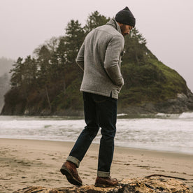 fit model wearing The Chandler Jacket in Ash Donegal at the beach