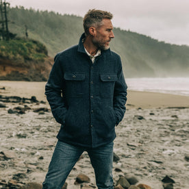 fit model wearing The Chandler Jacket in Navy Donegal