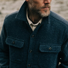 fit model with collar popped of The Chandler Jacket in Navy Donegal