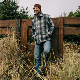 fit model with hand in pockets of The Forester Jacket in Ash Plaid
