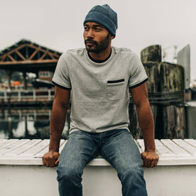 fit model wearing The Heavy Bag Ringer Tee in Aluminum