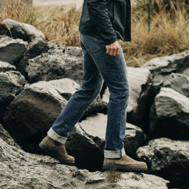 fit model wearing The Democratic Jean in Sawyer Wash Organic Selvage