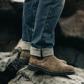 fit model showing cuffed hem of The Democratic Jean in Sawyer Wash Organic Selvage