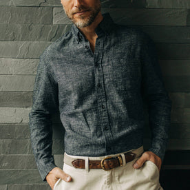fit model with hand in pant pockets wearing The Jack in Midnight Slub
