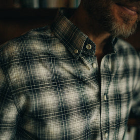 fit model showing close up of The Jack in Navy Plaid