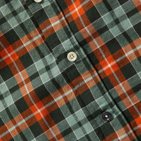 material shot of front placket and buttons of The Jack in Rust Plaid Oxford