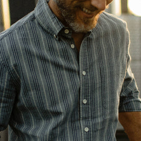 fit model showing close up front collar of The Jack in Sky Blue Chambray Stripe