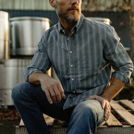fit model sitting down in The Jack in Sky Blue Chambray Stripe