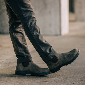 fit model showing boots cuffed over with The Morse Pant in Dark Charcoal Slub