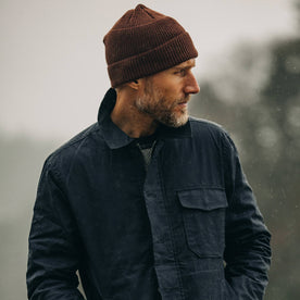 fit model wearing jacket and The Rib Beanie in Russet