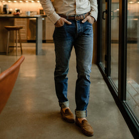 fit model with hands in pockets of The Slim Jean in Sawyer Wash Organic Selvage