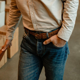 fit model with hand in pocket of The Slim Jean in Sawyer Wash Organic Selvage
