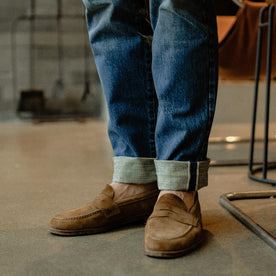 fit model showing selvage cuffed hem of The Slim Jean in Sawyer Wash Organic Selvage