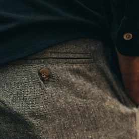 fit model wearing The Easy Pant in Navy Herringbone, back detail