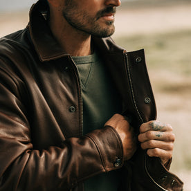fit model wearing The Hangar Jacket in Espresso, hand in jacket interior