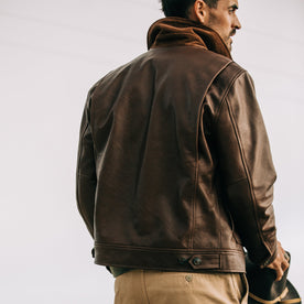 fit model wearing The Hangar Jacket in Espresso, back shot