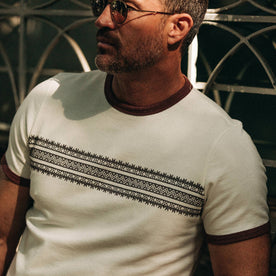 fit model wearing The Heavy Bag Tee in Canyon Embroidered Stripe, chest detail