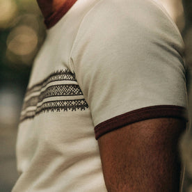 fit model wearing The Heavy Bag Tee in Canyon Embroidered Stripe, sleeve detail