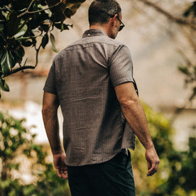 fit model wearing The Short Sleeve Jack in Cocoa Dobby, back shot