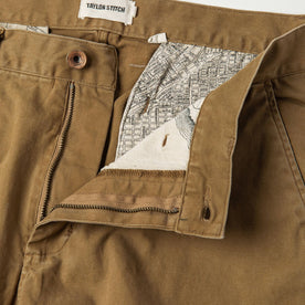 material shot of The Atelier and Repairs Chino in British Khaki, fly shot