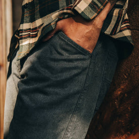 fit model wearing The Camp Pant in Coal Boss Duck, side shot, hand in pocket