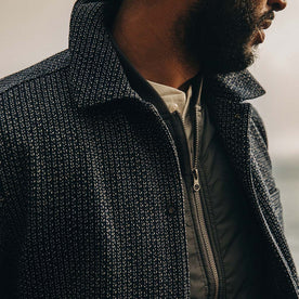 fit model wearing The Decker Jacket in Navy Wool Beach Cloth, chest detail